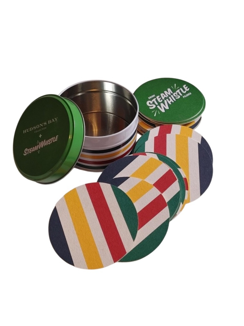 Hudson Bay + Steam Whistle Coasters In A Tin